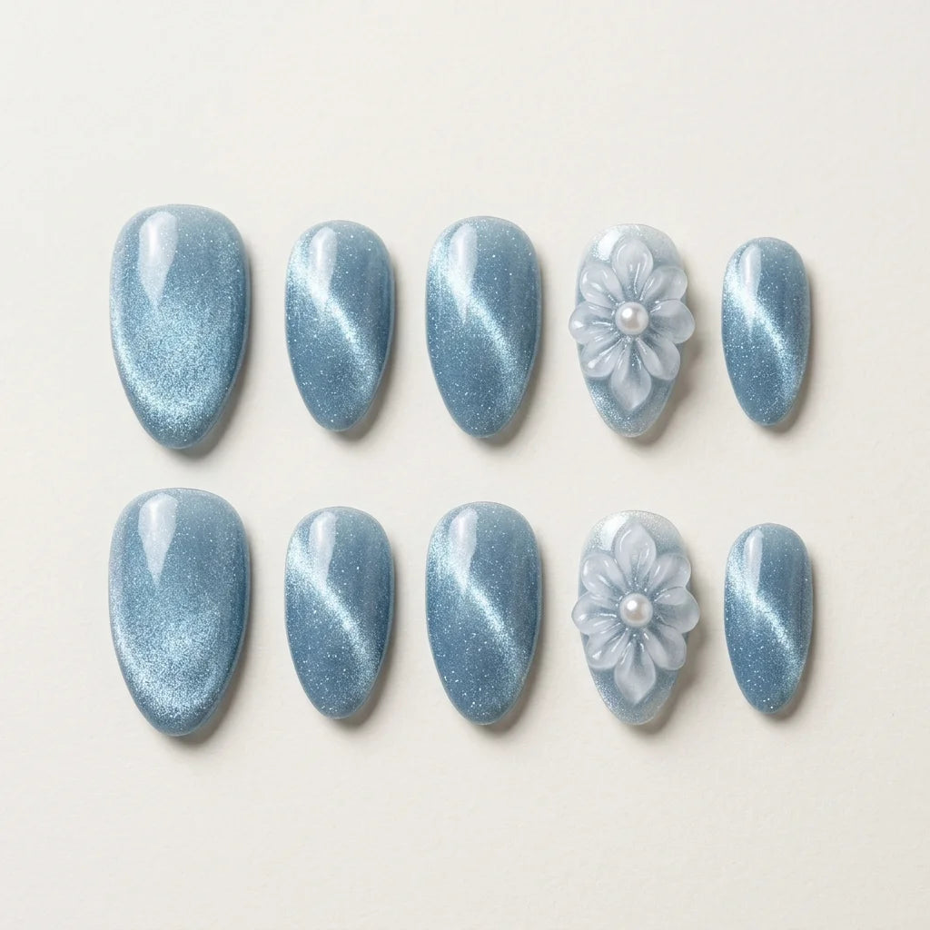 dusty blue 3d cat eye almond press on nails flower pearl lifestyle 03