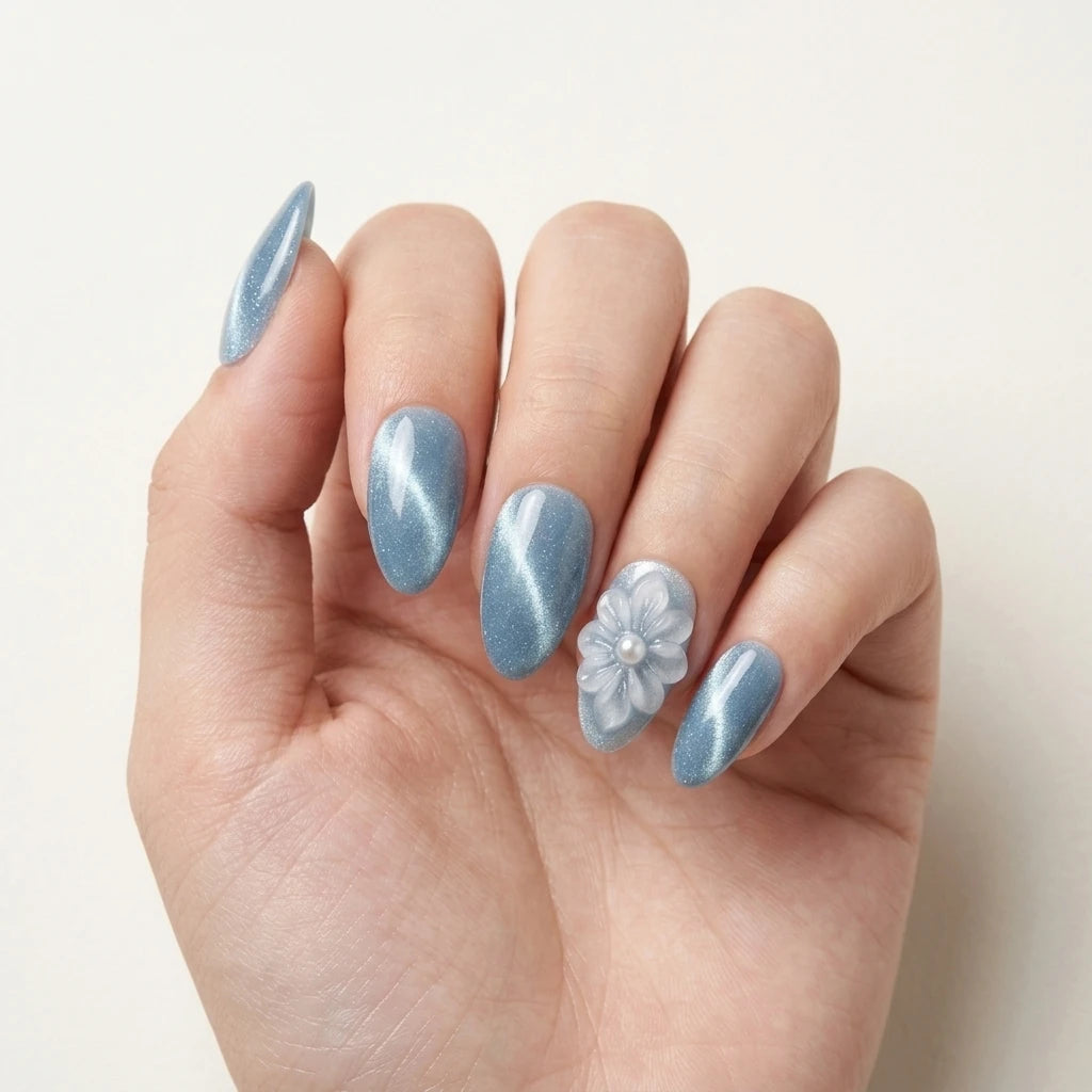 dusty blue 3d cat eye almond press on nails flower pearl mockup 01