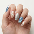 dusty blue blush 3d cat eye almond press on nails silver chrome flower seashell flat lay 03