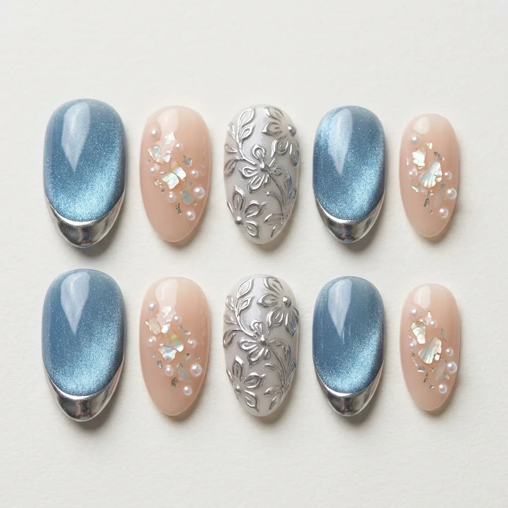dusty blue blush 3d cat eye almond press on nails silver chrome flower seashell lifestyle 02