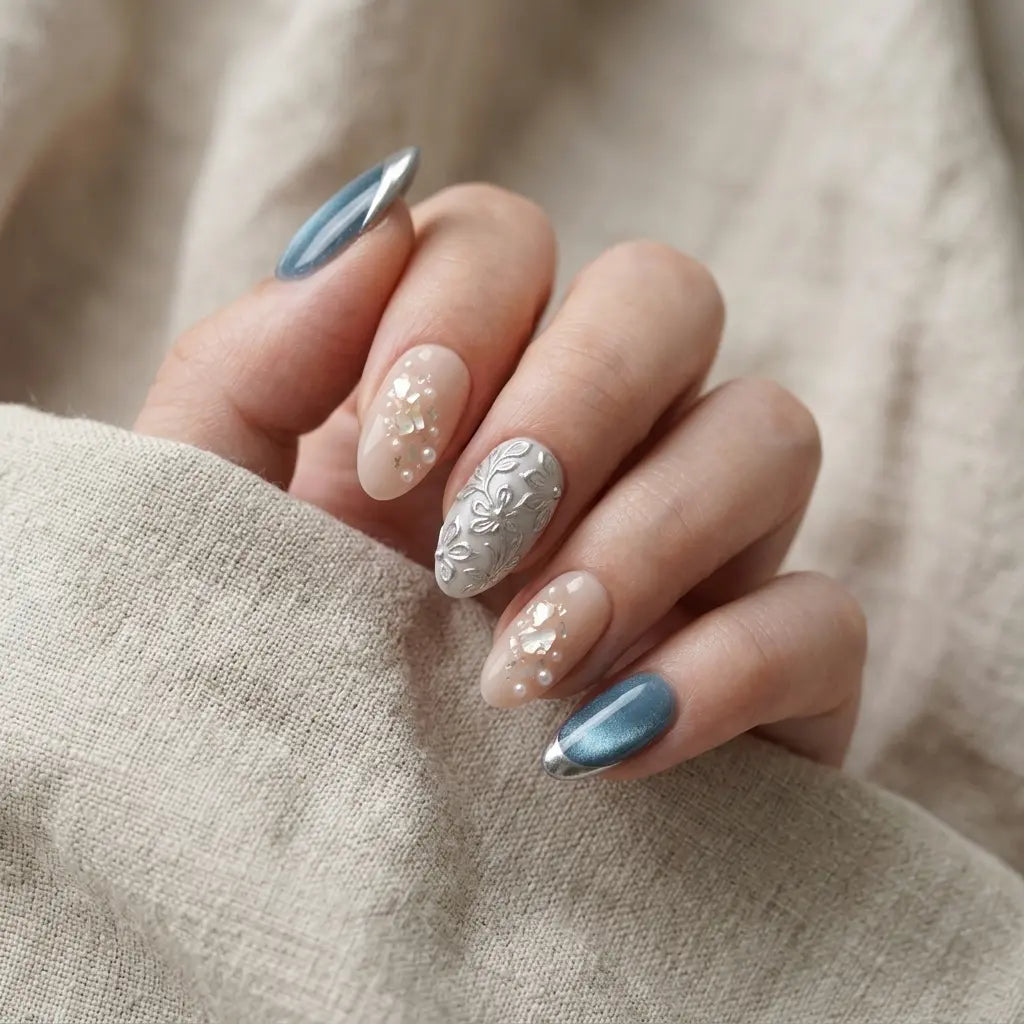 dusty blue blush 3d cat eye almond press on nails silver chrome flower seashell mockup 01