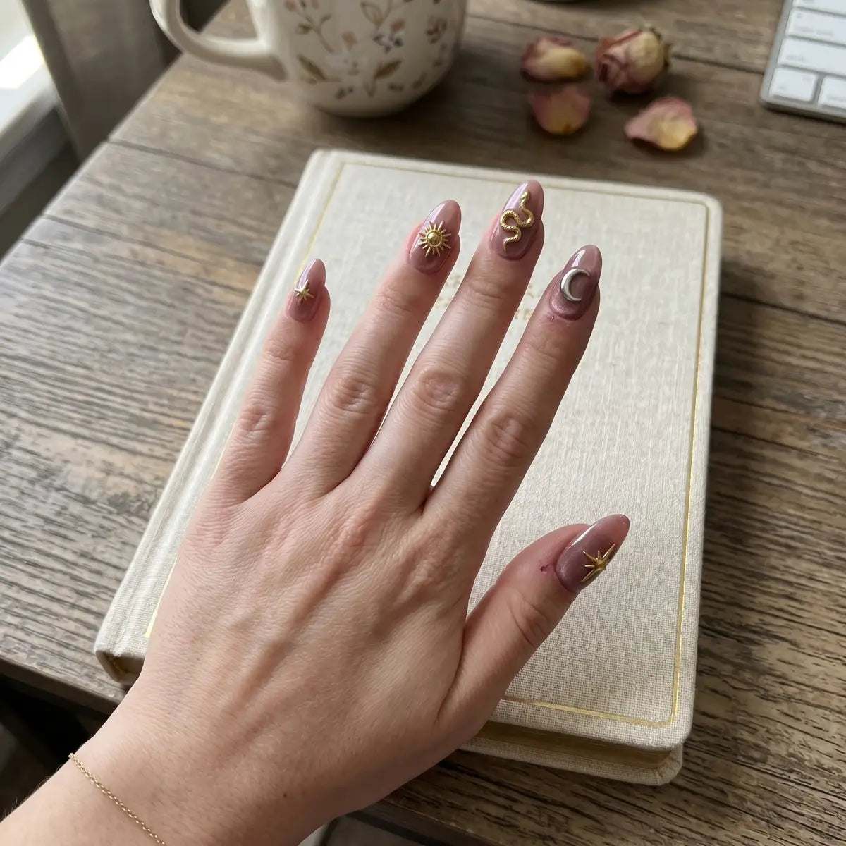 dusty pink 3d almond press on nails gold sun snake silver moon lifestyle 02