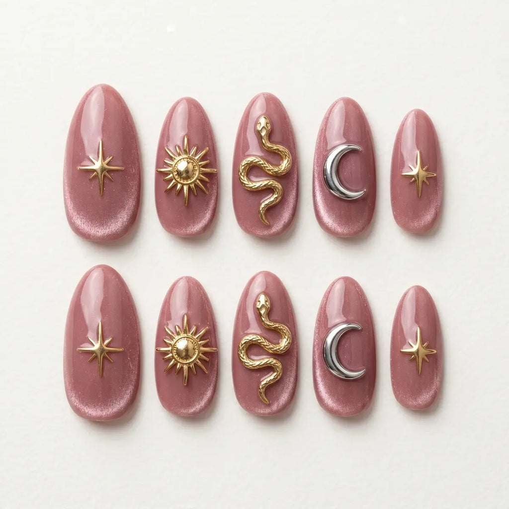 dusty pink 3d almond press on nails gold sun snake silver moon mockup 01