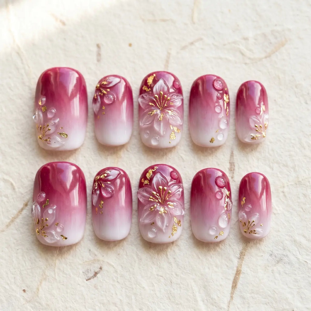 dusty rose 3d square short press on nails sakura dewdrop flat lay 01
