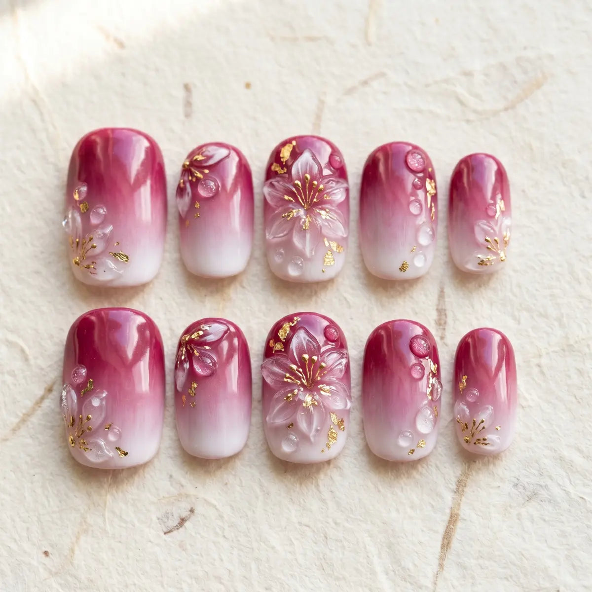 dusty rose 3d square short press on nails sakura dewdrop flat lay 01