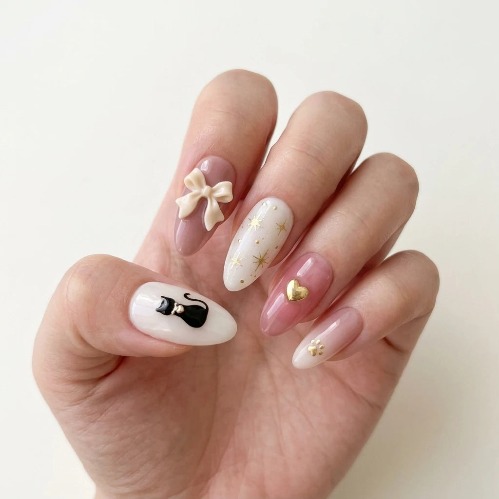 dusty rose blush pink 3d ombre almond press on nails cat ribbon bow gold paw glitter lifestyle 02