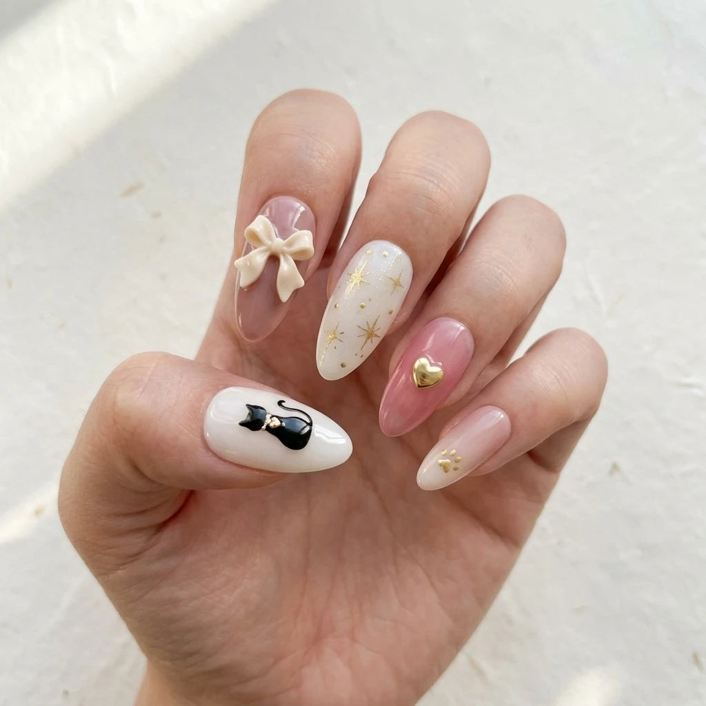 dusty rose blush pink 3d ombre almond press on nails cat ribbon bow gold paw glitter mockup 01