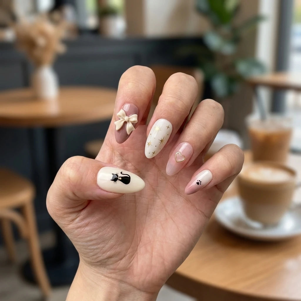 dusty rose blush pink 3d ombre almond press on nails cat ribbon bow heart glitter detail 03