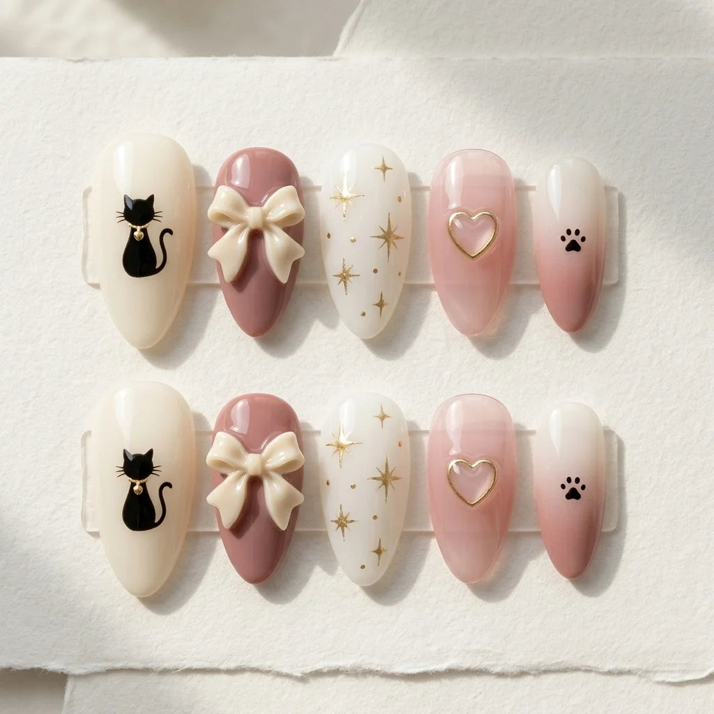 dusty rose blush pink 3d ombre almond press on nails cat ribbon bow heart glitter flat lay 04