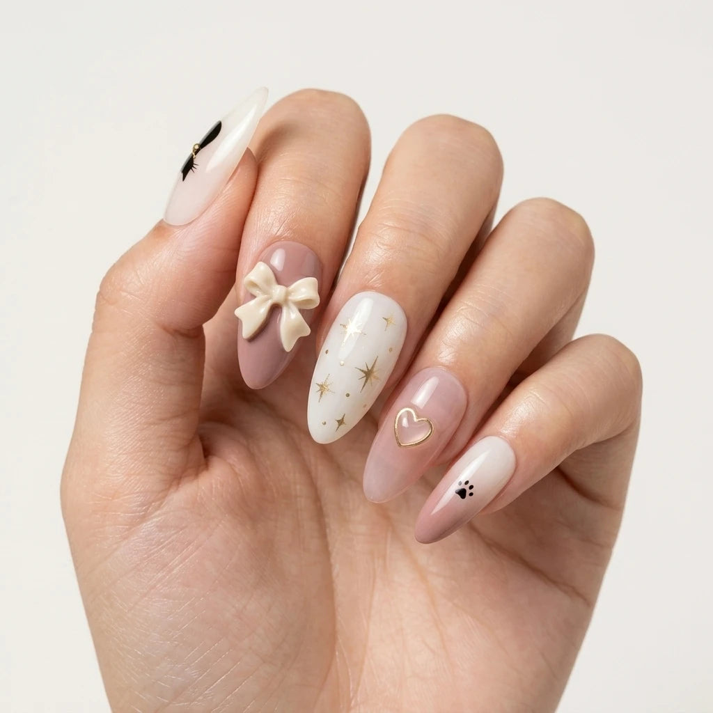 dusty rose blush pink 3d ombre almond press on nails cat ribbon bow heart glitter lifestyle 02