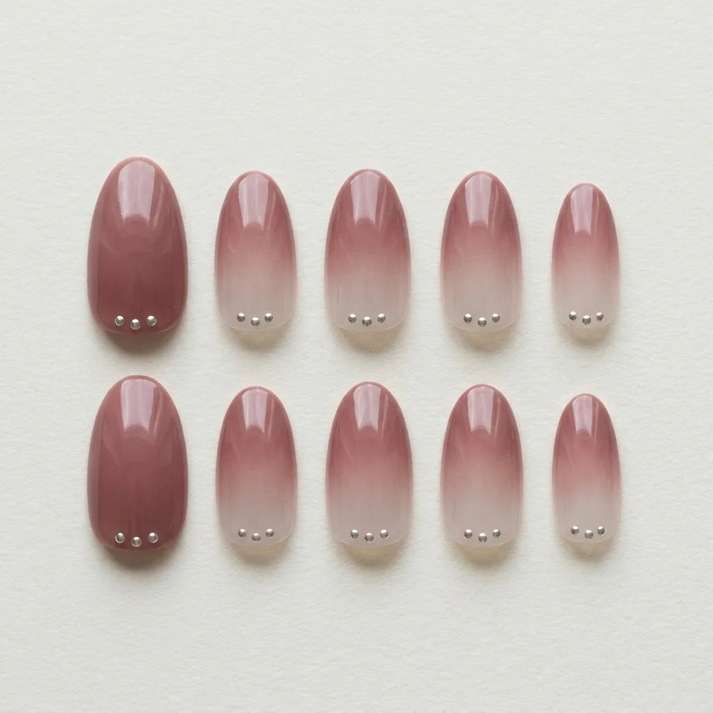 dusty rose ombre almond press on nails silver gemstones lifestyle 01