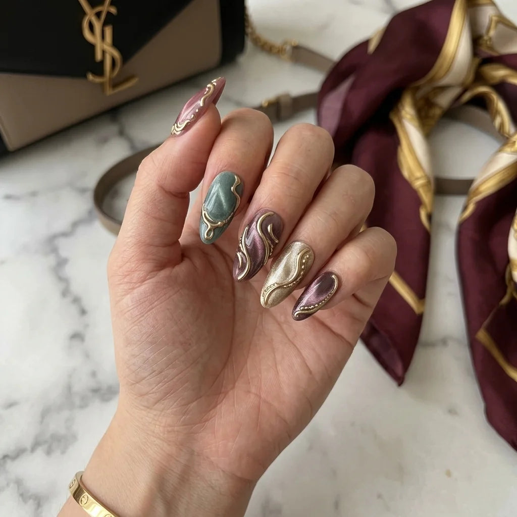 earthy neutral cat eye almond medium press on nails detail 01