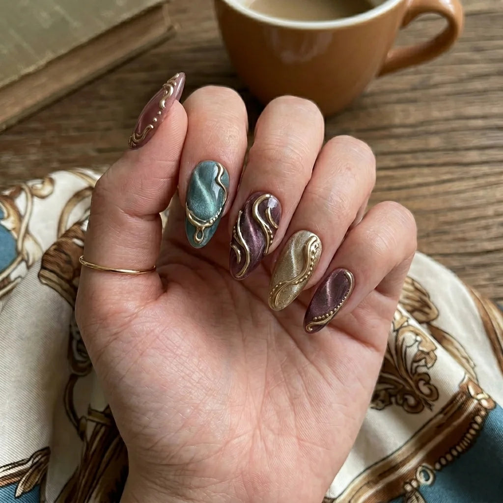 earthy neutral cat eye almond medium press on nails flat lay 01