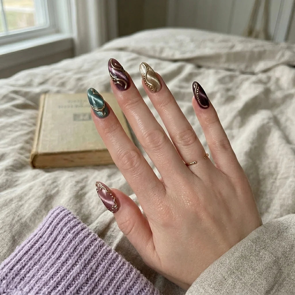 earthy neutral cat eye almond medium press on nails mockup 01