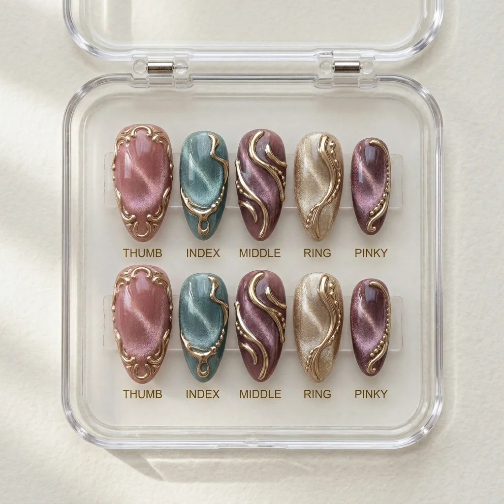 earthy neutral cat eye almond medium press on nails mockup 02