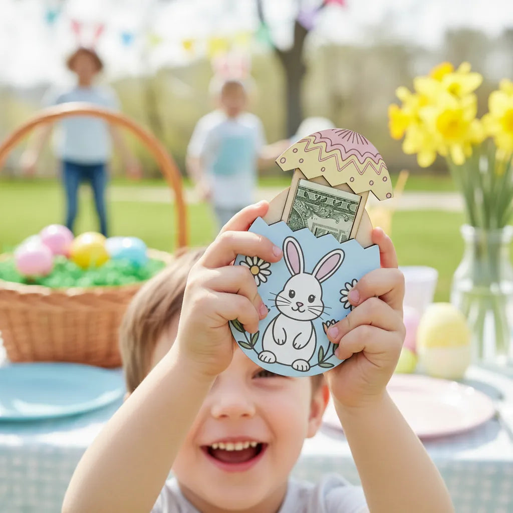 Child holding a Easter-themed money holder with a basket of eggs and flowers in the background