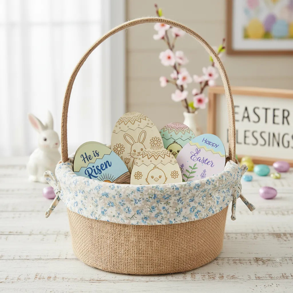 Easter basket with decorative eggs and a sign in a home setting