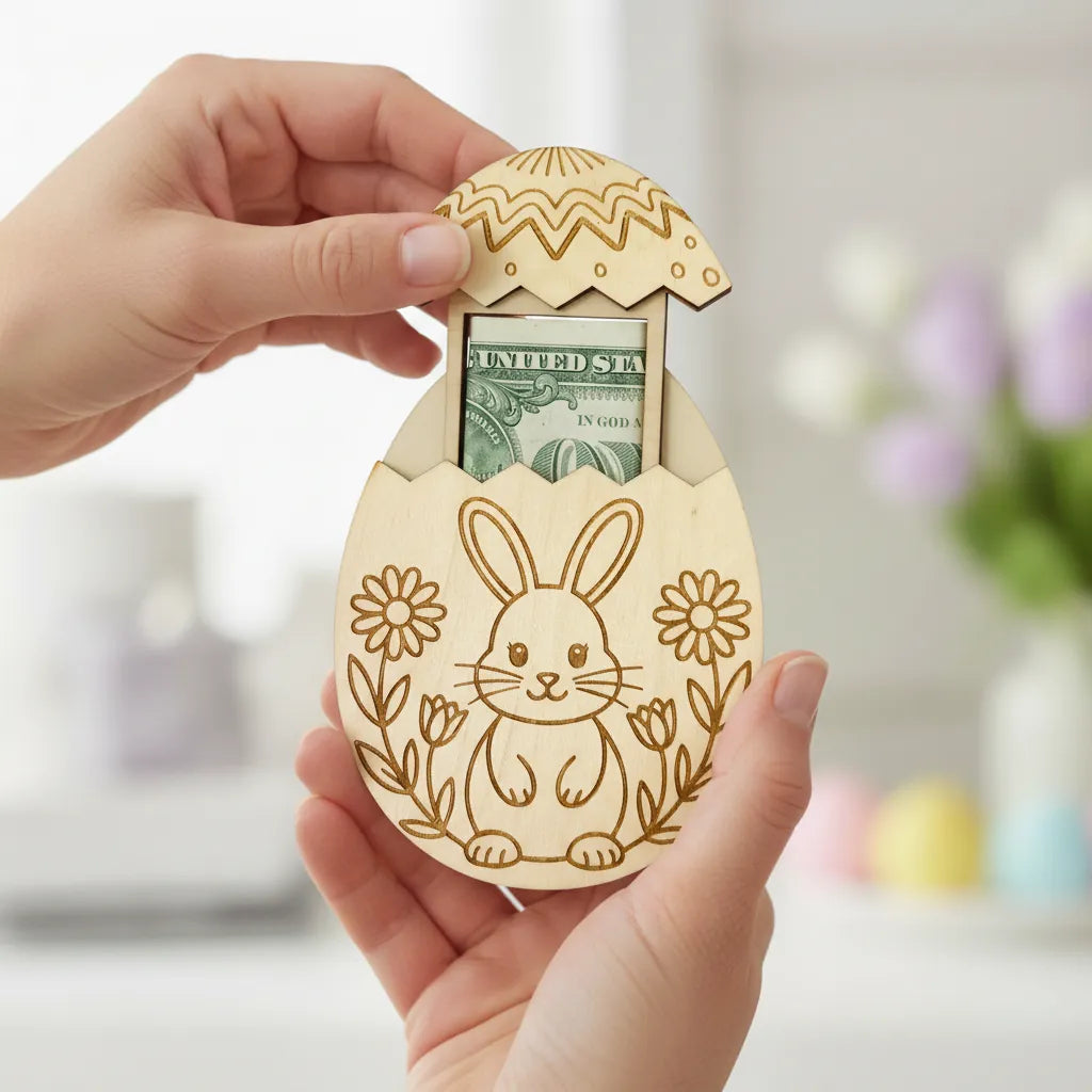 Wooden Easter egg-shaped container with a rabbit design holding a dollar bill, held by a hand against a blurred indoor background.