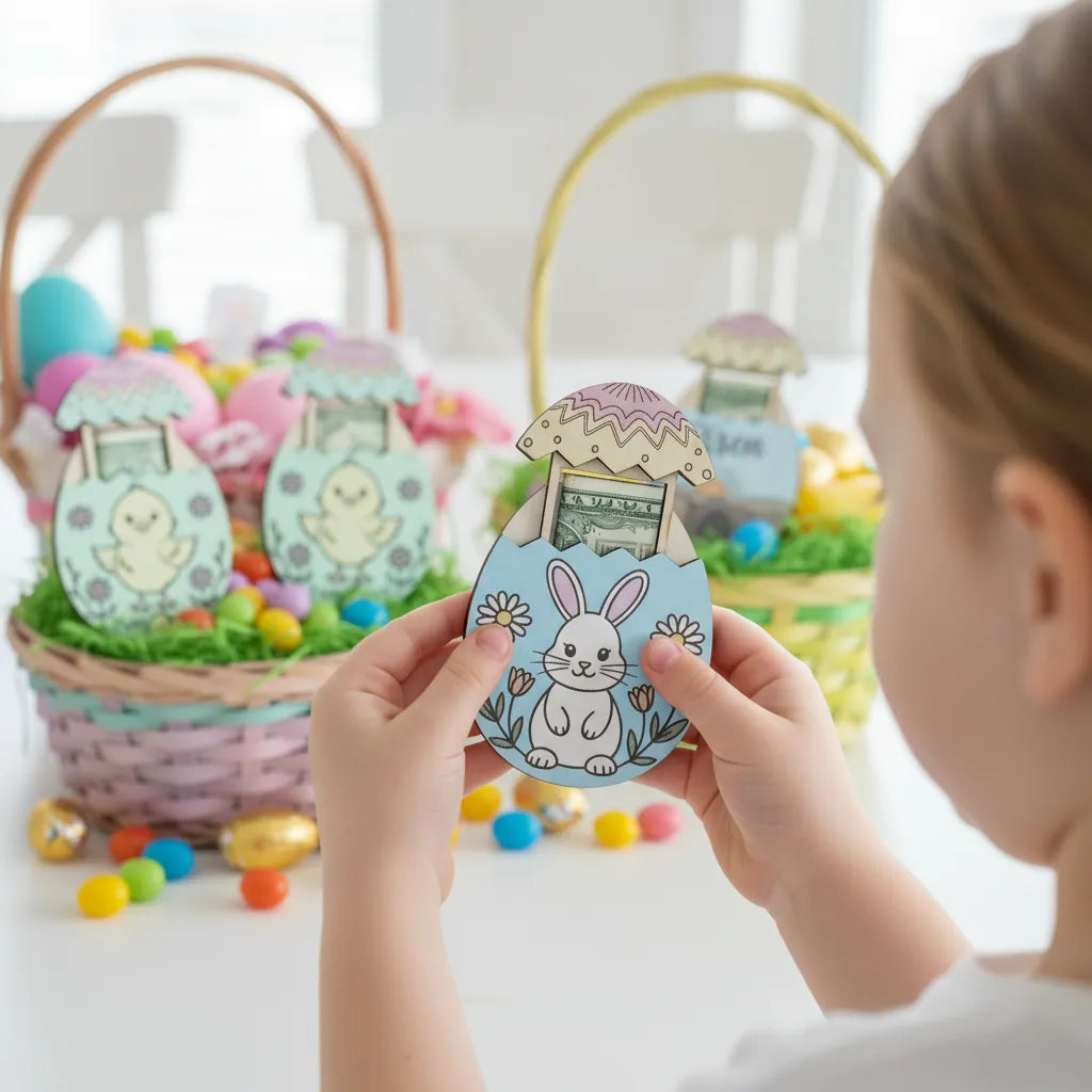 Child holding a decorative Easter egg with a rabbit design, surrounded by more Easter eggs and baskets.
