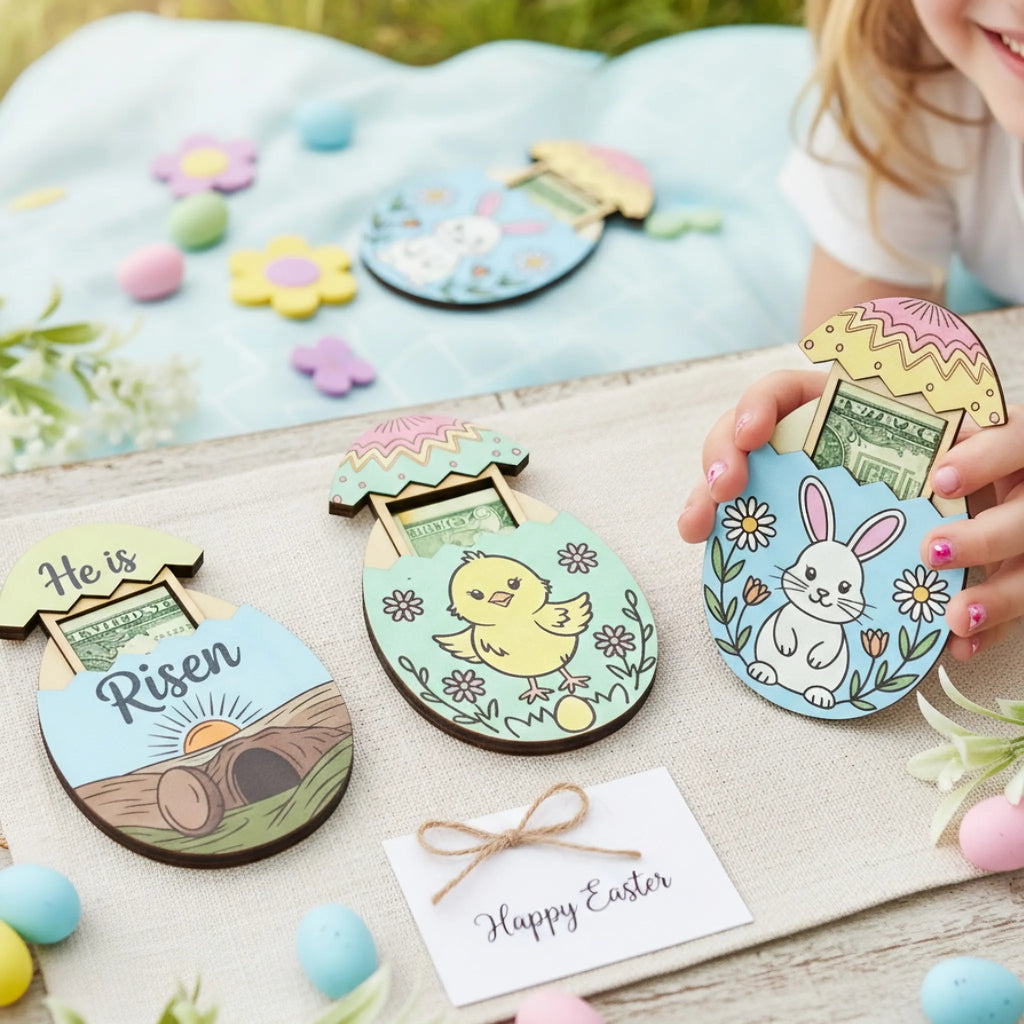 Easter-themed wooden toys with colorful designs on a wooden surface.