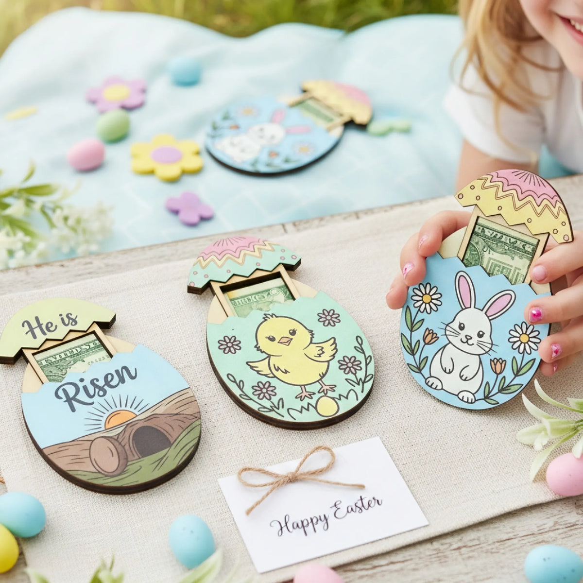 Easter-themed wooden toys with colorful designs on a wooden surface.