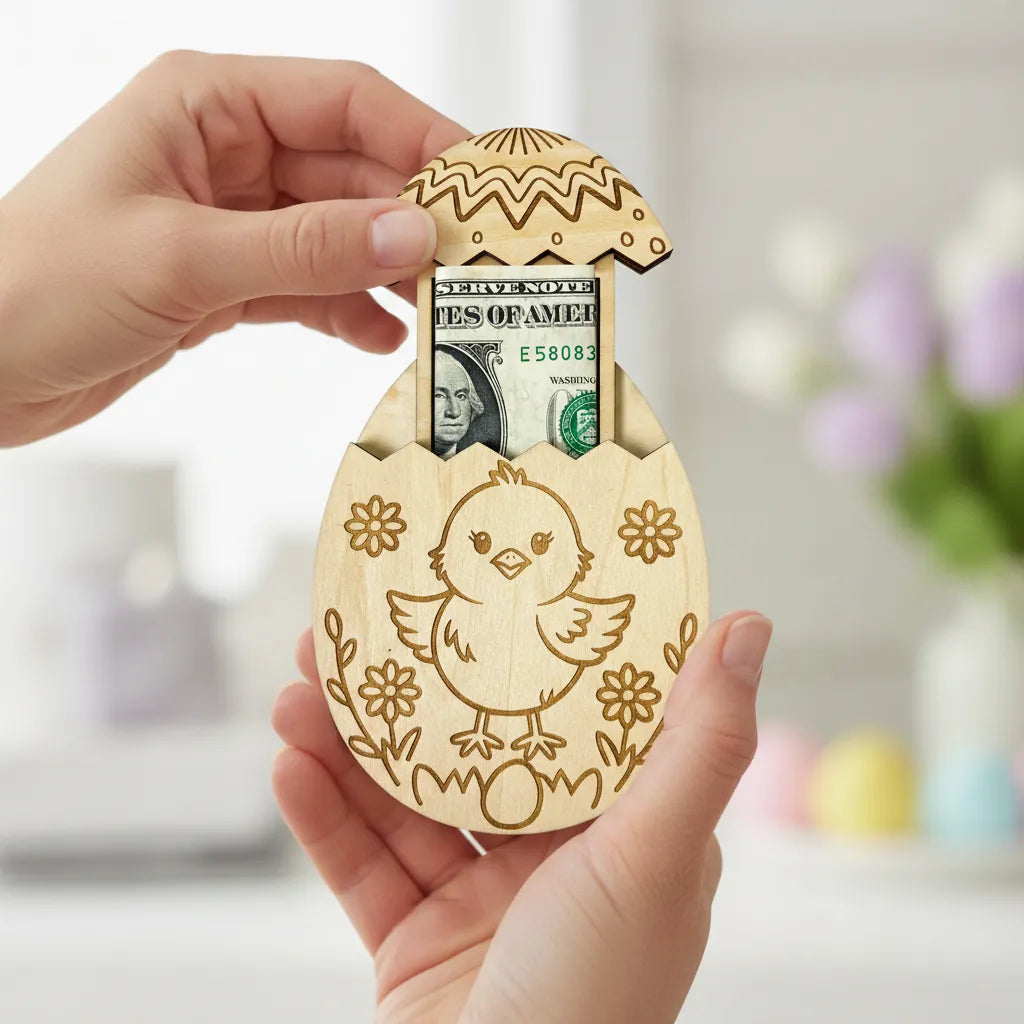 Wooden egg-shaped container with a chick design holding a dollar bill, held by a hand.