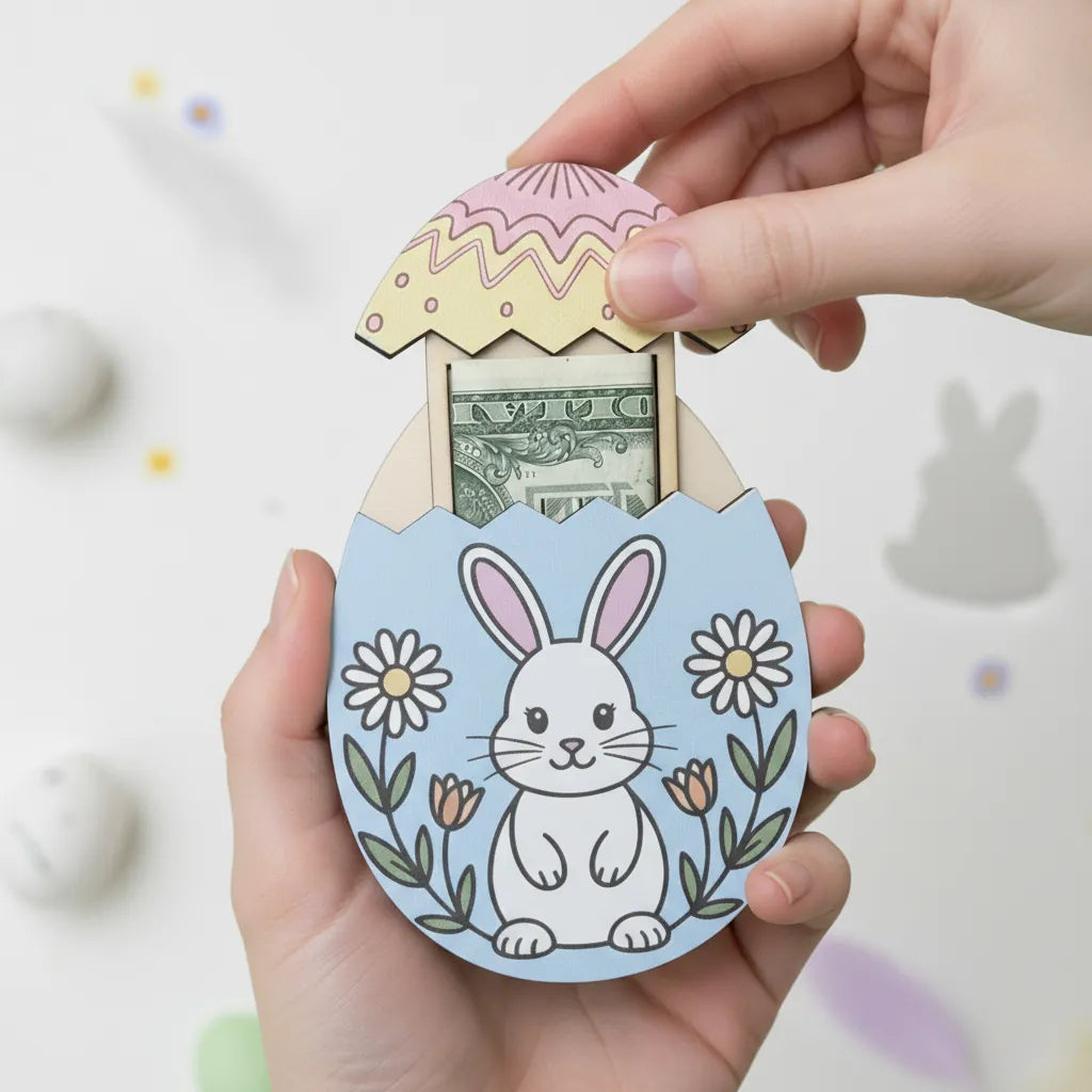 Hand holding a decorative Easter egg-shaped money holder with a rabbit design.
