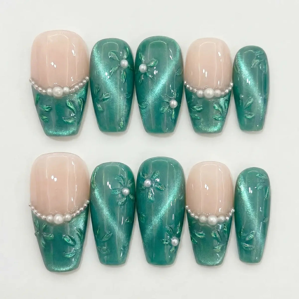 emerald cat eye 3d coffin press on nails pearl leaf flat lay 01