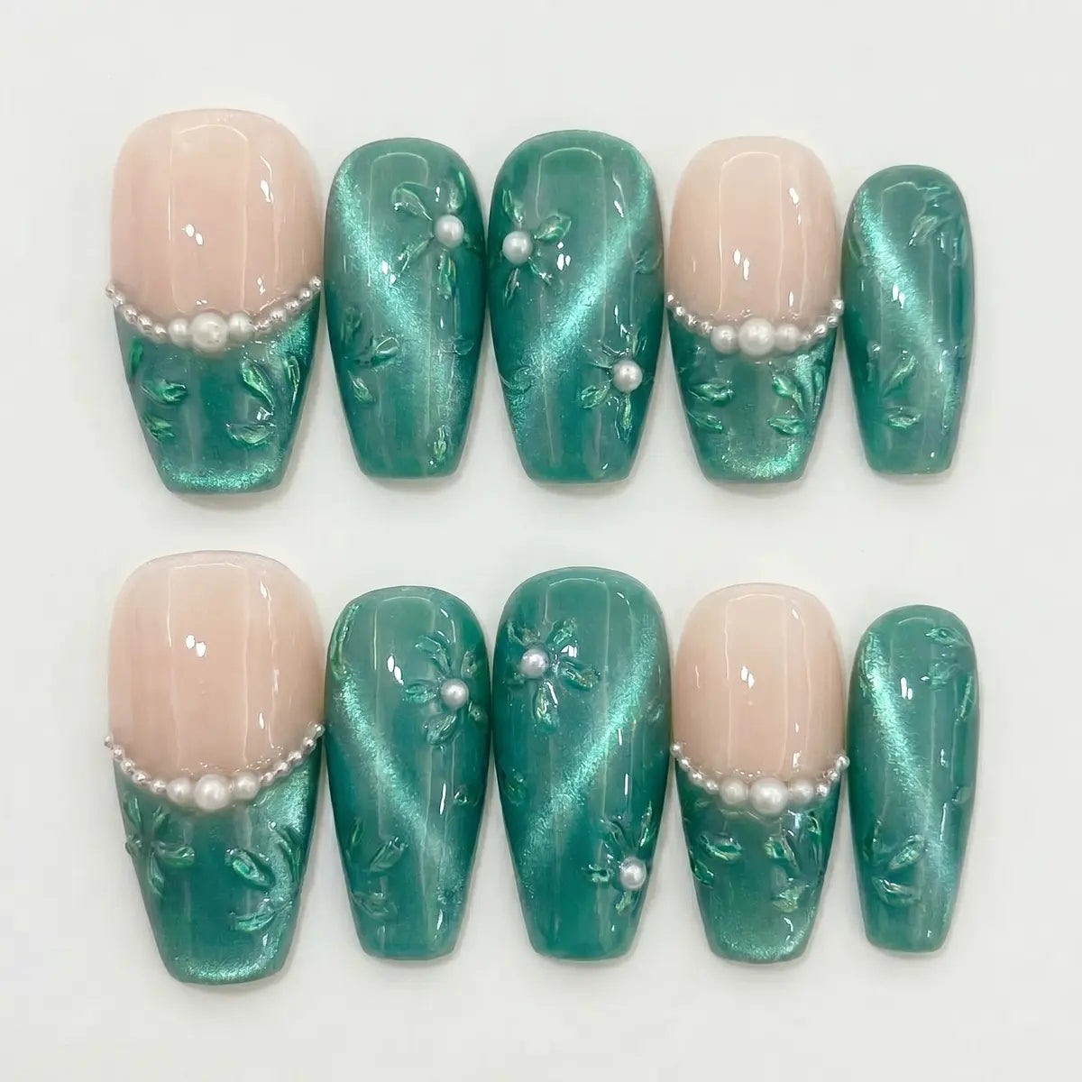 emerald cat eye 3d coffin press on nails pearl leaf flat lay 01