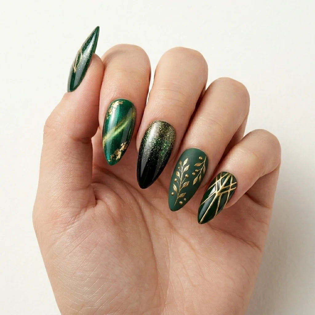 emerald green black 3d cat eye almond press on nails botanical leaf geometric detail 01