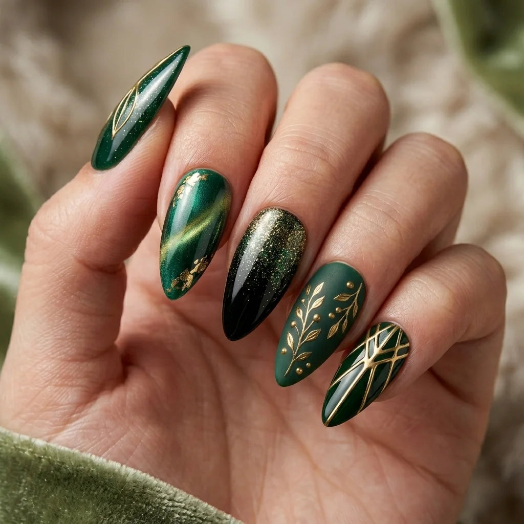 emerald green black 3d cat eye almond press on nails botanical leaf geometric flat lay 01