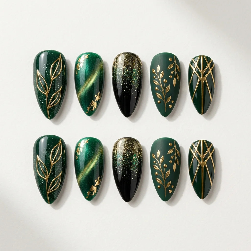 emerald green black 3d cat eye almond press on nails botanical leaf geometric lifestyle 01