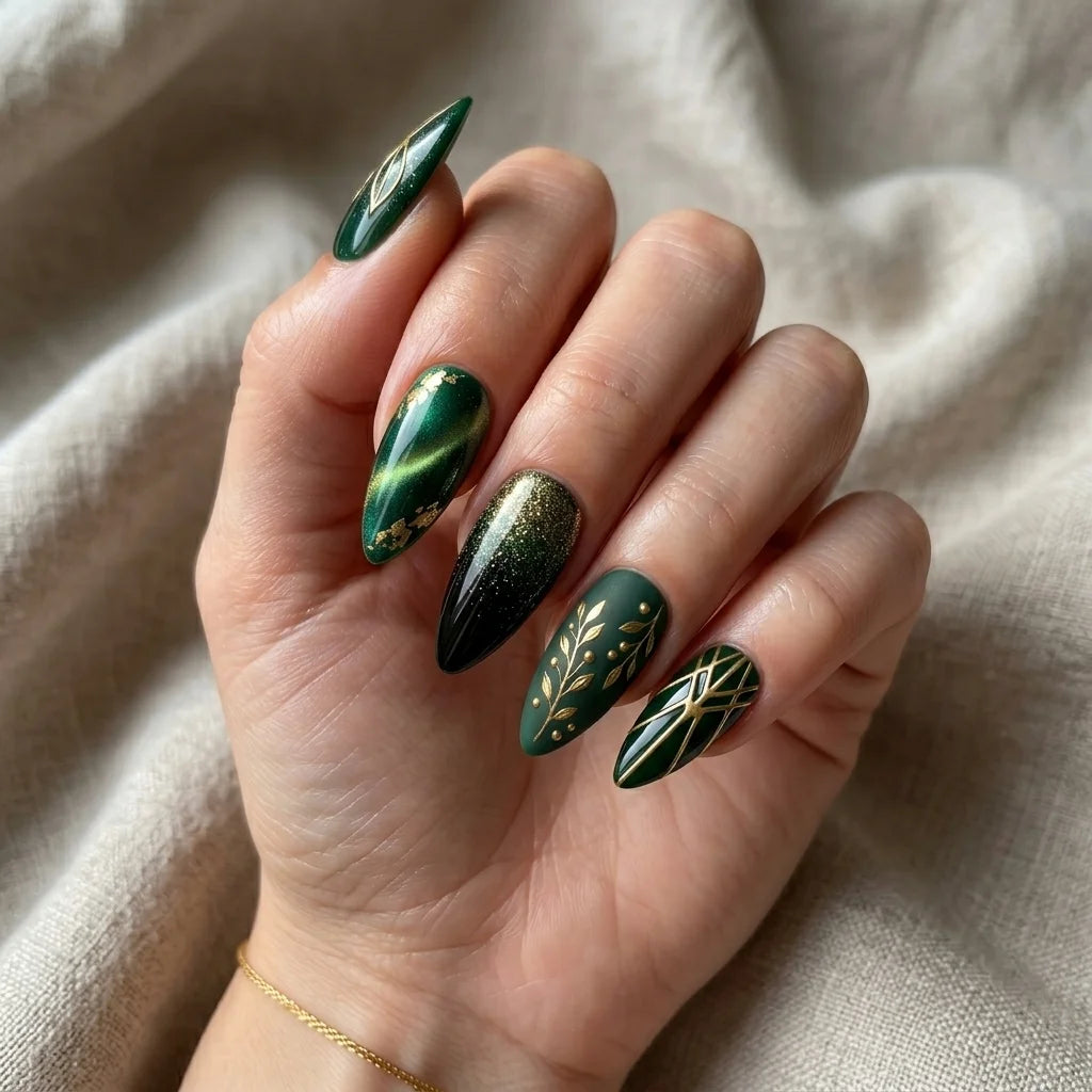 emerald green black 3d cat eye almond press on nails botanical leaf geometric mockup 01