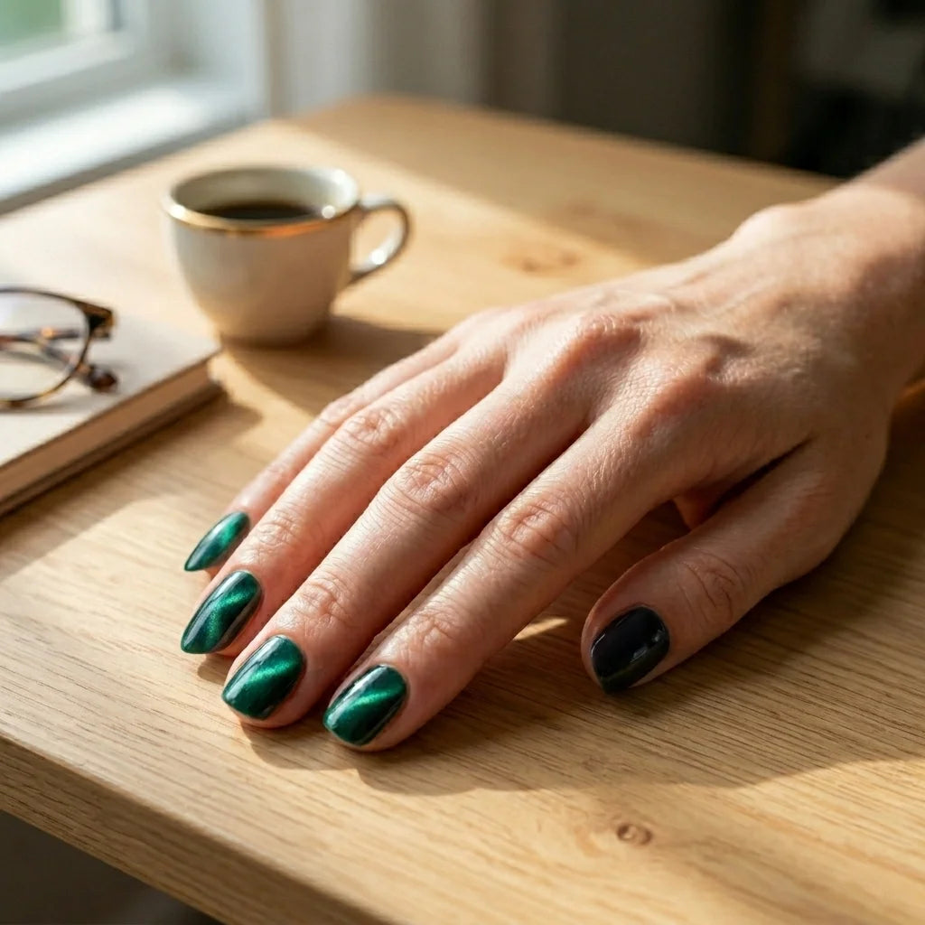 emerald green cat eye square short press on nails flat lay 01