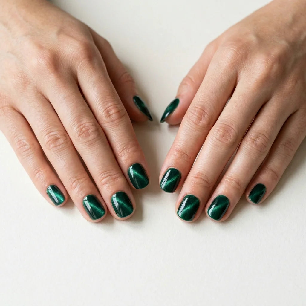 emerald green cat eye square short press on nails lifestyle 01