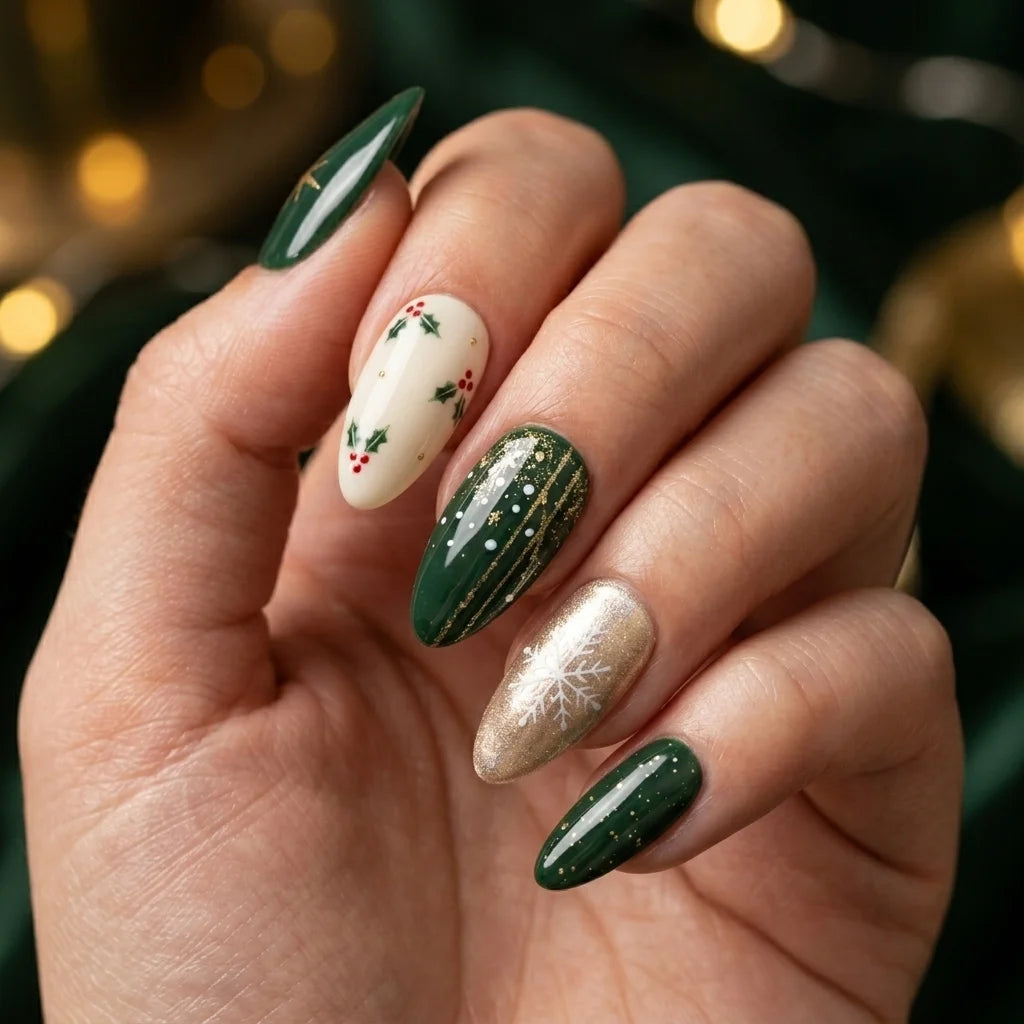 emerald green ivory 3d hand painted christmas almond press on nails holly snowflake flat lay 04