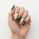 emerald green ivory 3d hand painted christmas almond press on nails holly snowflake lifestyle 02