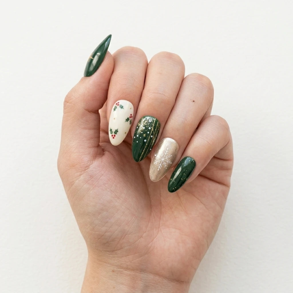 emerald green ivory 3d hand painted christmas almond press on nails holly snowflake lifestyle 02