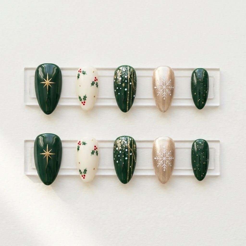 emerald green ivory 3d hand painted christmas almond press on nails holly snowflake lifestyle 03