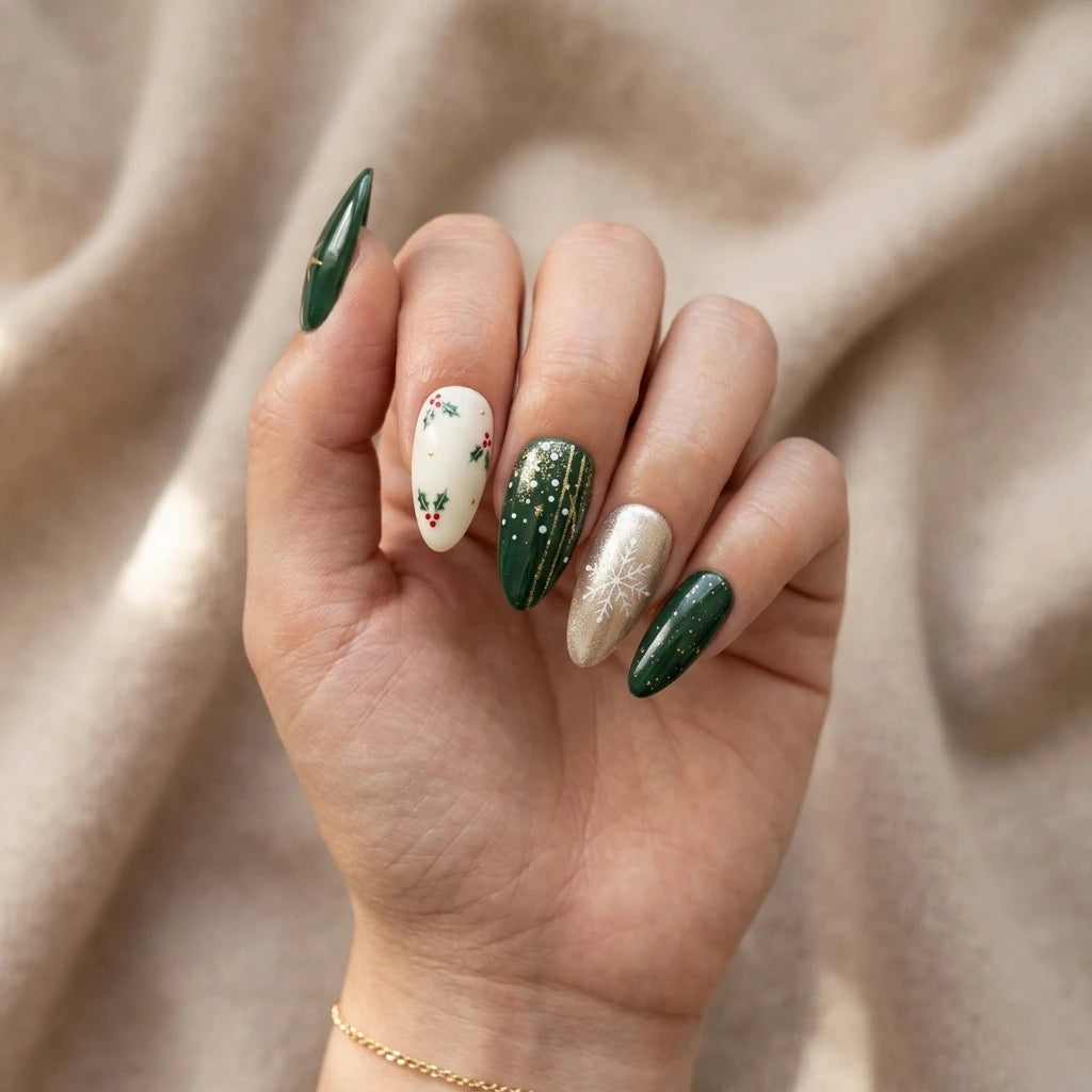 emerald green ivory 3d hand painted christmas almond press on nails holly snowflake mockup 01