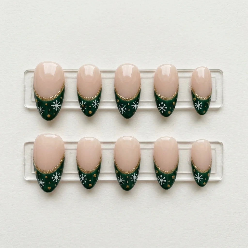 emerald green nude hand painted french tip christmas almond press on nails snowflake flat lay 05