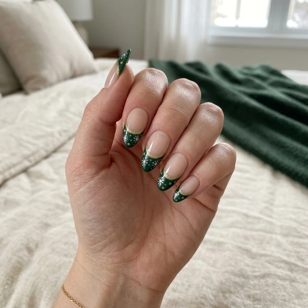 emerald green nude hand painted french tip christmas almond press on nails snowflake lifestyle 02