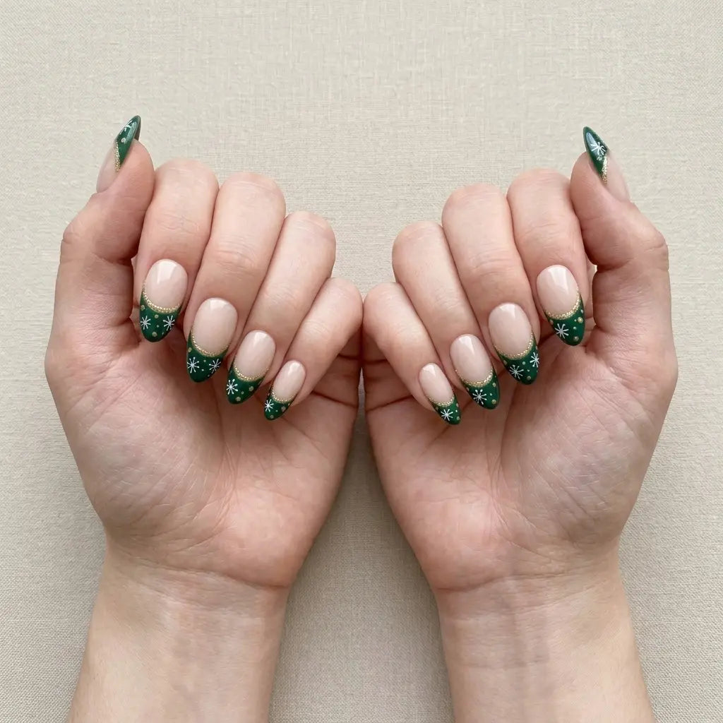 emerald green nude hand painted french tip christmas almond press on nails snowflake lifestyle 03