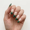 emerald green nude hand painted french tip christmas almond press on nails snowflake lifestyle 04