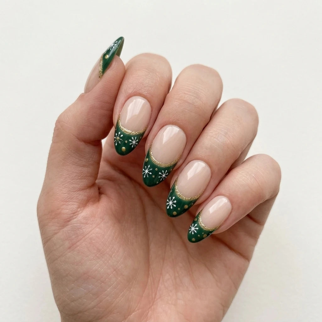 emerald green nude hand painted french tip christmas almond press on nails snowflake lifestyle 04