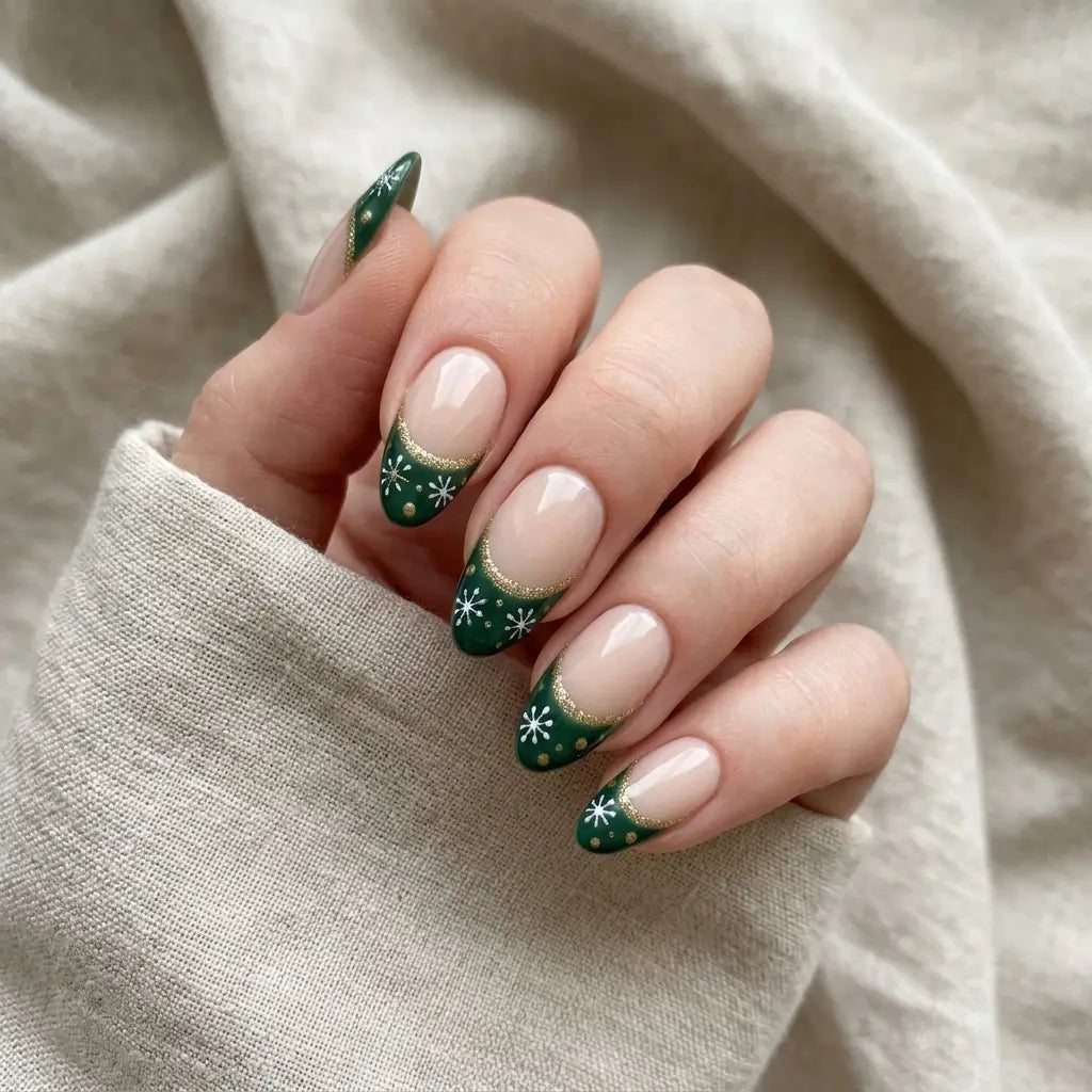 emerald green nude hand painted french tip christmas almond press on nails snowflake mockup 01
