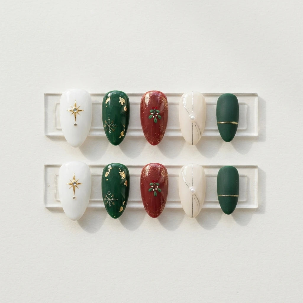 emerald green red ivory 3d christmas almond press on nails holly snowflake pearl flat lay 03