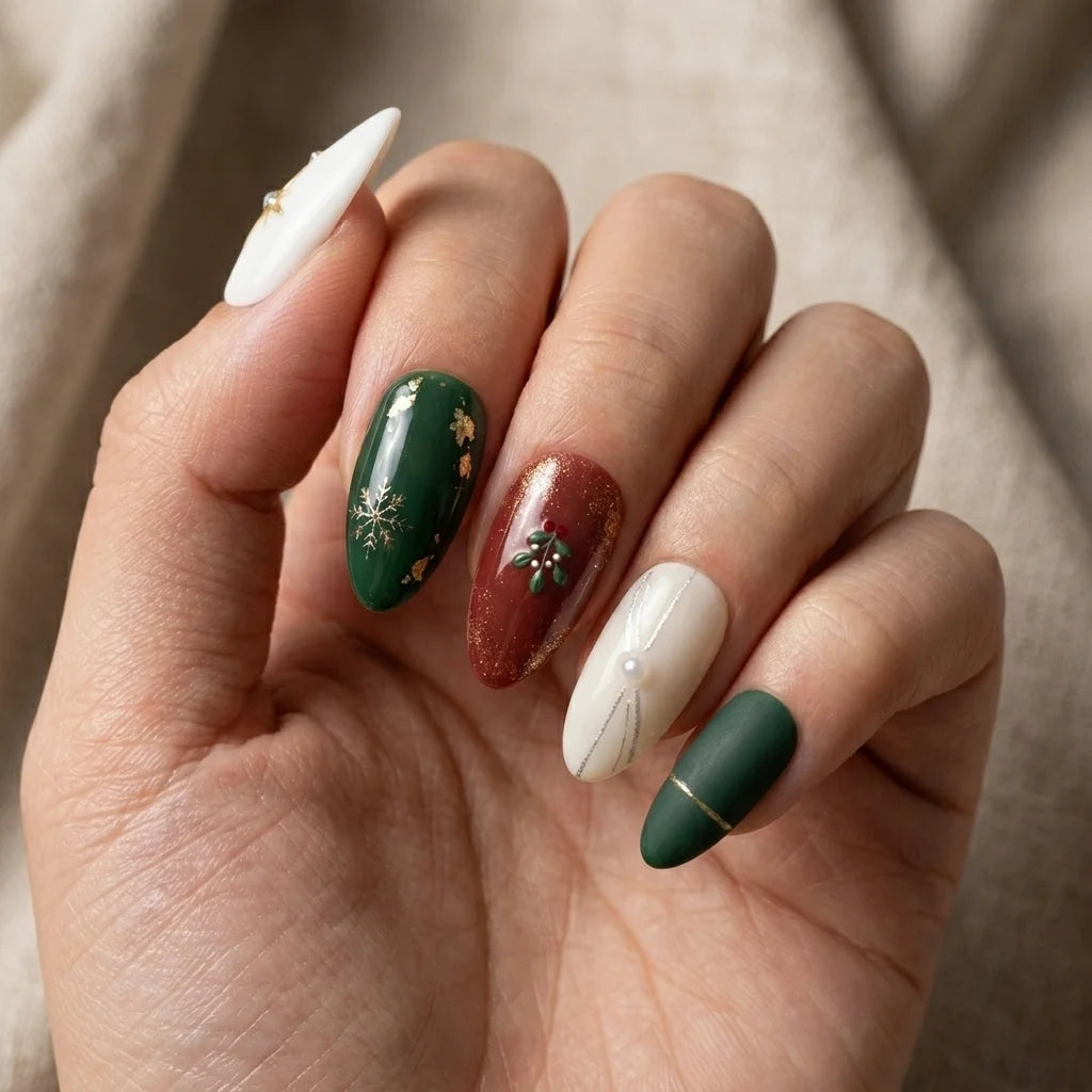 emerald green red ivory 3d christmas almond press on nails holly snowflake pearl lifestyle 02