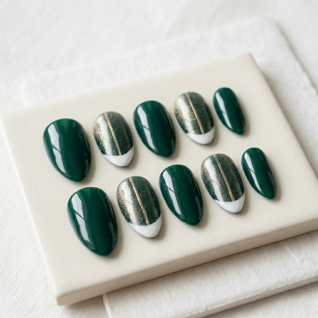 emerald green white french tip almond press on nails gold stripe glitter flat lay 04