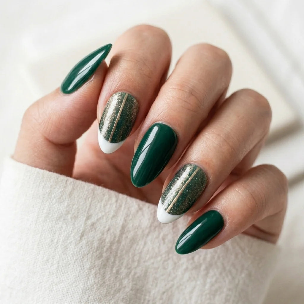 emerald green white french tip almond press on nails gold stripe glitter lifestyle 02